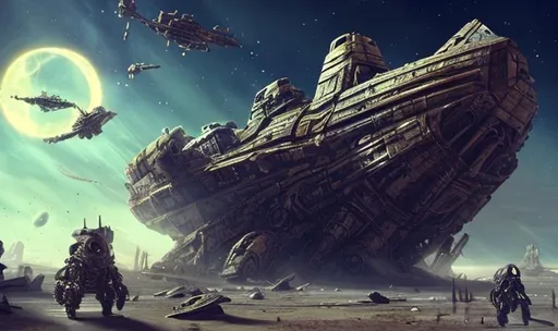 Prompt: wreck broken ancient huge old rusty spaceship astronauts discovering it skeletons laying all-over robots fixing ship graveyard 