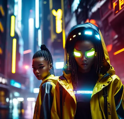 Prompt: cyborg, robot girl wearing yellow rain jacket and denim shorts in a cyber punk city, hyper realistic details, cinematic lighting, 3d, 8k
