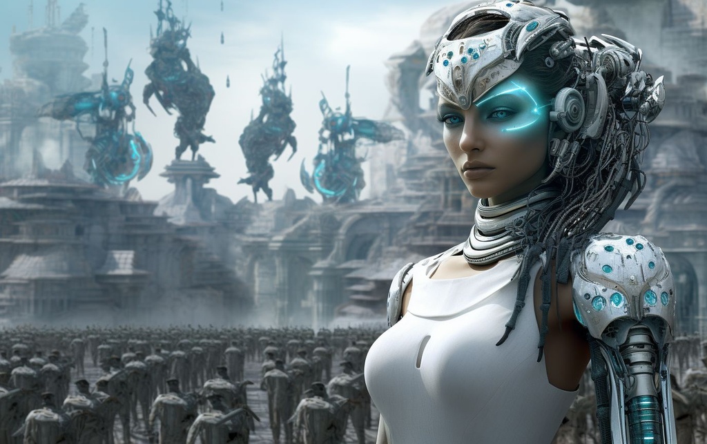 Prompt: the world of robotics in india, in the style of futuristic digital art, teal and silver, alien worlds, urban energy, daz3d, historical illustration, blink-and-you-miss-it detail