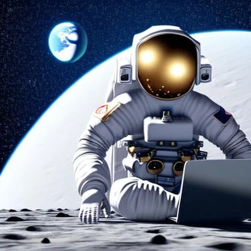 Prompt: astronaut sitting on the deserted moon or planet with a laptop on his knees, high resolution, realistic