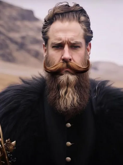Prompt: A beautiful beard, mustaches, a royal suit, a falcon, a lion, and the throne of your owner