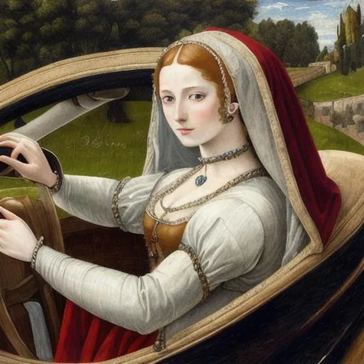 Prompt: Beautiful young and rich medieval lady driving a luxurious sportscar, oil painting, 16th century, realistic, in the style of Filippino Lippi