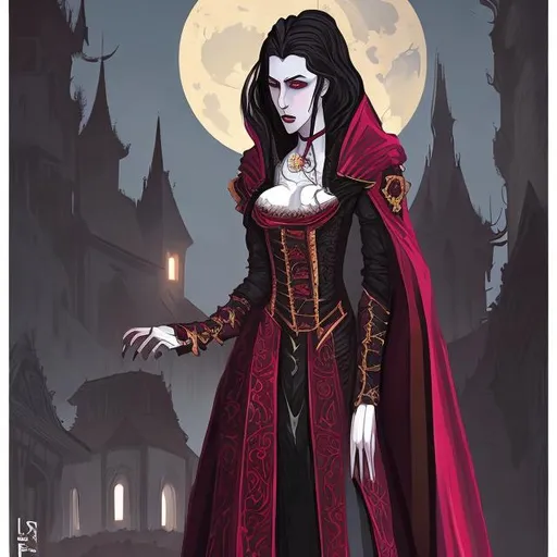 Prompt: Digital art of female verson of the vampire Strahd von Zarovich with dark long hair in front of a eastern european style castle