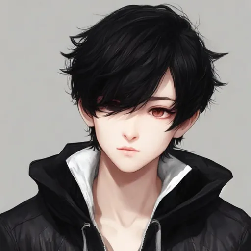 Anime style, boy with black hair , fierce brown eyes, high texture fade  haircut, sharp jawline
