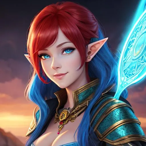 Prompt: oil painting, D&D fantasy, Blue-skinned-human girl, Blue-skinned-female, slender, elf ears, beautiful, short bright red hair, curly hair, smiling, pointed ears, looking at the viewer, Ranger wearing intricate adventurer outfit, #3238, UHD, hd , 8k eyes, detailed face, big anime dreamy eyes, 8k eyes, intricate details, insanely detailed, masterpiece, cinematic lighting, 8k, complementary colors, golden ratio, octane render, volumetric lighting, unreal 5, artwork, concept art, cover, top model, light on hair colorful glamourous hyperdetailed medieval city background, intricate hyperdetailed breathtaking colorful glamorous scenic view landscape, ultra-fine details, hyper-focused, deep colors, dramatic lighting, ambient lighting god rays, flowers, garden | by sakimi chan, artgerm, wlop, pixiv, tumblr, instagram, deviantart