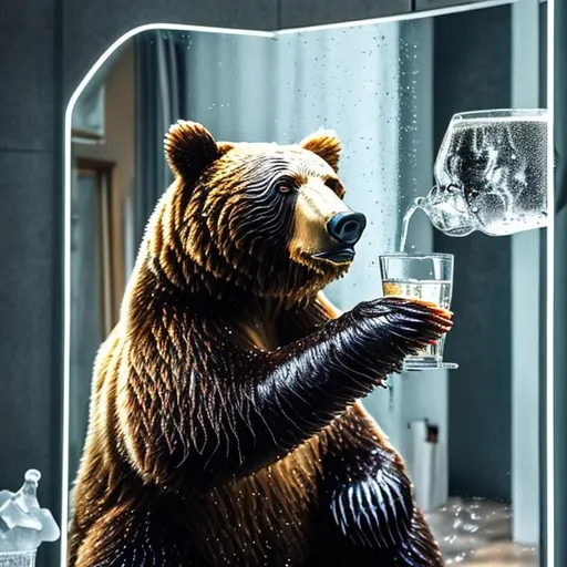 Prompt: A bear holding a glass of water infront of a mirror with moist written on the mirror
