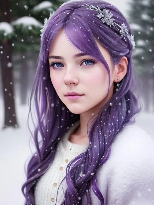 Prompt: Portrait of {girl} with {purple} hair and cute face, {snowing vibe}, sad eyes, perfect composition, super detailed skin, hyperrealistic, super detailed, 8k, high quality, trending art, trending on artstation, sharp focus, studio photo, intricate details, highly detailed, by greg rutkowski