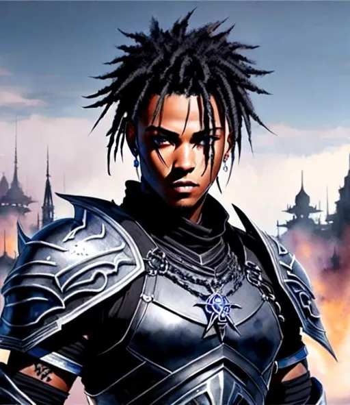 Prompt: a final fantasy watercolor concept art with xxxtentacion, male, black hair, realistic face, in black Dragoon Artifact armor, brown eyes, detailed floating city background,  ethereal, jewelry set balayage , royal vibe, highly detailed, digital painting, Trending on artstation , HD quality, tan skin, Big Eyes,artgerm,by yoshitaka amano