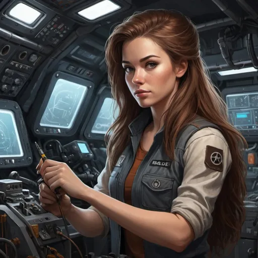 Prompt: Create a realistic-style digital art illustration of a white female character working as a mechanic/techie in a spaceship. The character should have an average build and brown long hair, with a rugged and worn-out appearance. The drawing should be from the waist up, showcasing the character's torso. The color palette should consist of dark tones, and the lighting should be dim and moody. Please include some futuristic machinery or equipment in the background.