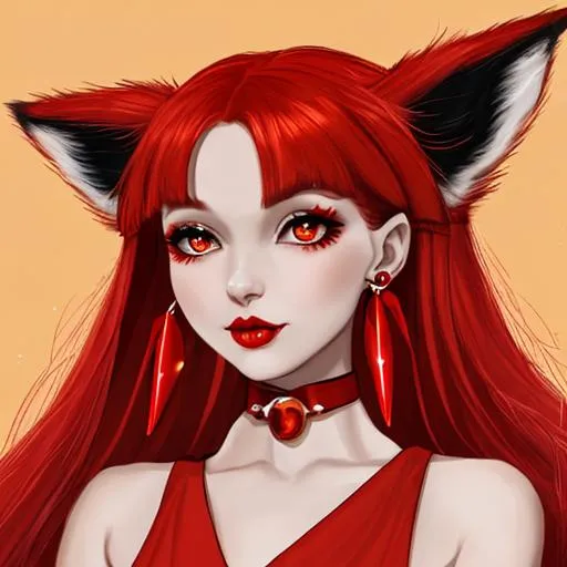 Prompt: Fox girl with red hiligter, orange aura, long earings and red lips and red glovses and a red uniform