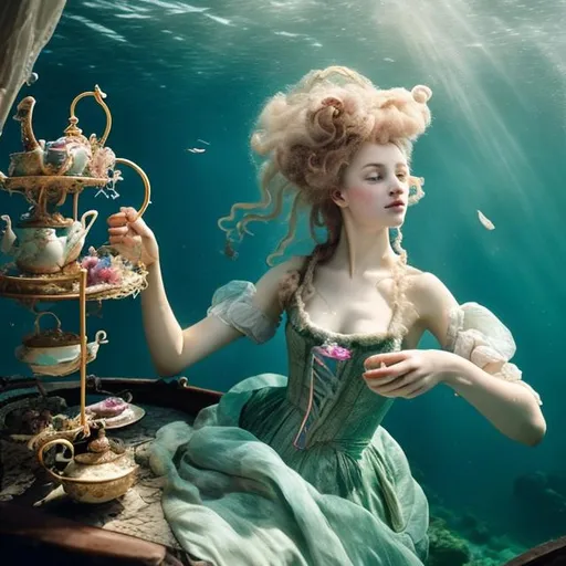 Prompt: woman in 18th century dress underwater having tea.  Hair, flowing fabric, bubbles.  tea cups, saucers, tea pots.  Curls, ribbons, lace.