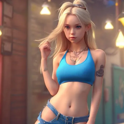 Prompt: cgi realistic high resolution, petite blonde female, shoulder length hair, age 25, tiny shorts, blue halter top, tattoo