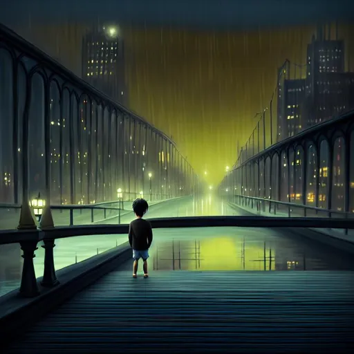 Prompt: a lonely boy on a city bridge looking to the river at night, digital painting, masterpiece, digital art, hyperrealistic, concept art, octane render, unreal engine 5, trending on deviantart, sad atmosphere, centered, anatomically correct, oil painting, high contrast, serene scenery, loneliness, path traced, dark night, anime style, 2 d