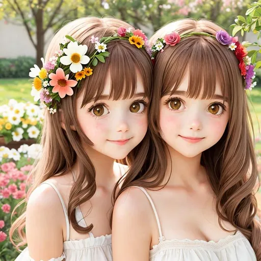 Prompt: two  cute girls, flowers in hair
