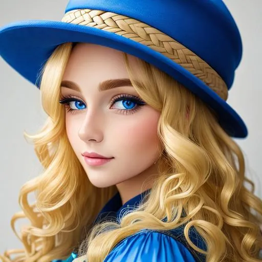 Prompt: A beautiful woman dressed in blue, long  blonde very curly hair, facial closeup, cute hat