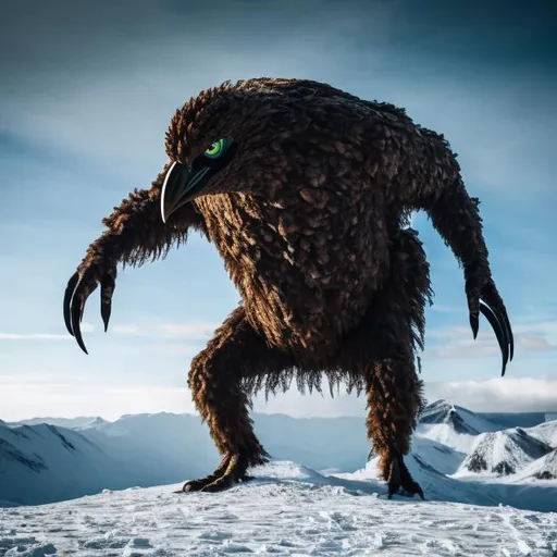 Prompt: Bird-like giant sized creature on top of a snowy mountain