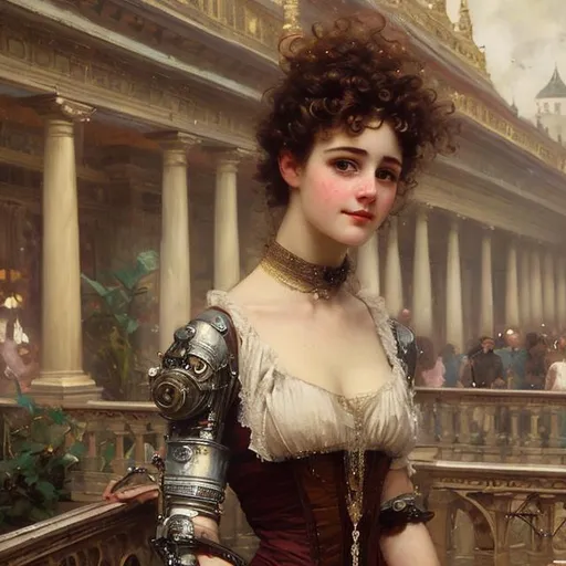 Prompt: 

 {Edwardian} woman with curly hair and with cute face with a robot,{background} palace ballroom, oil painting,
perfect composition, super detailed, 8k, high quality, sharp focus, studio photo, intricate details, highly detailed, by John William Waterhouse 