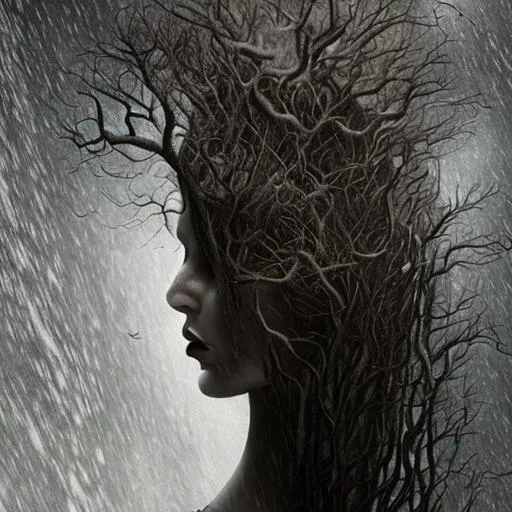 Prompt: pretty dark hair woman forest intense heavy rain lightening distant mountains dark clouds