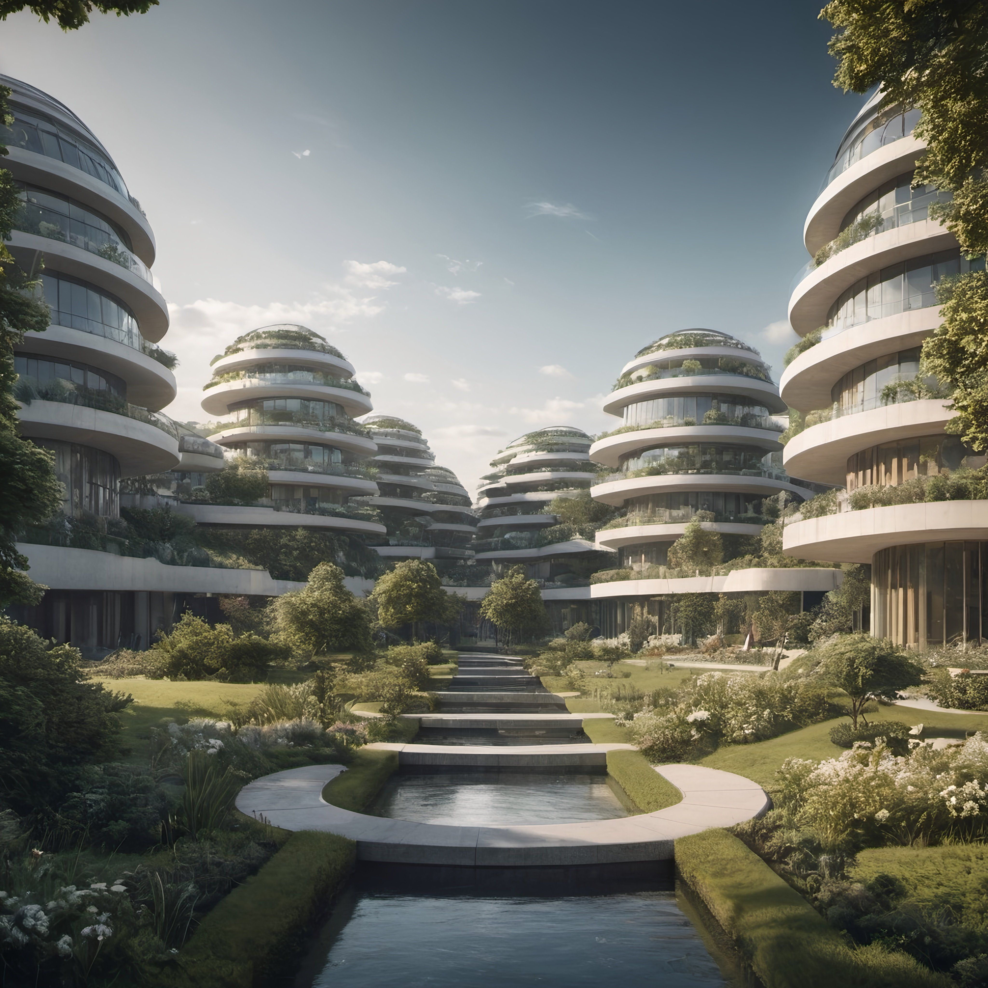 Prompt: a group of buildings with a pond in the middle of them and trees around them in the foreground, futurism