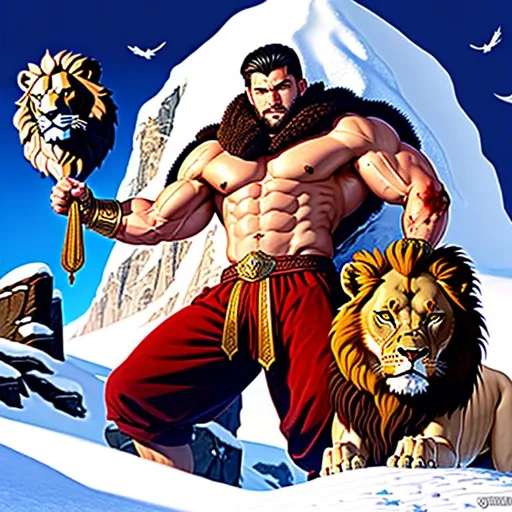 Prompt: Muscular man holding lions head on a snow mountain with blood stains
 
Background godlike