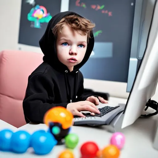 Prompt: A child in a black hoodie and on a pacifier is busy using their highly advanced computer. The child has an adorable and  face. They are in their room filled with toys.