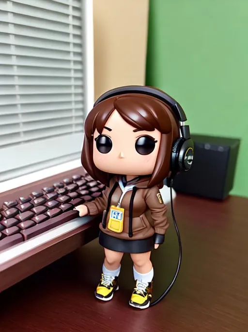 Prompt: cute funko pop female figure with below the shoulder length brown hair, brown eyes, holding a keyboard, wearing a headset, wearing a black hoodie