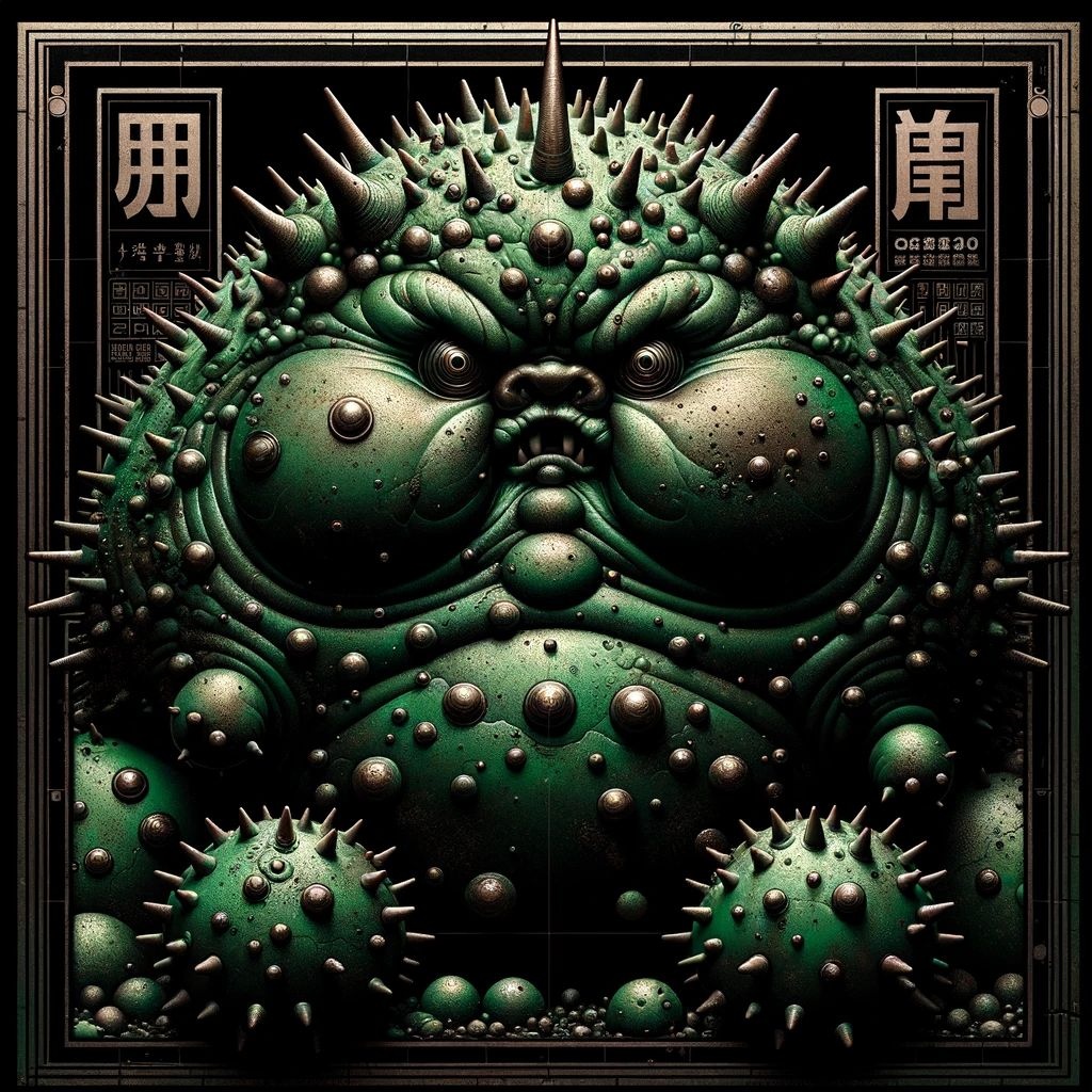 Prompt: Dark and gritty square poster, illustrating a chubby omoobomoo, infused with neo-pop surrealism. The piece is dominated by green and bronze hues, complemented by spiky mounds. Contemporary Chinese art, Zbrush detailing, and Chicano art nuances elevate the design.