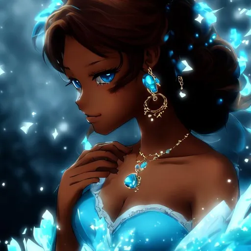 Prompt: Anime, Emperess, Blue eyes, Blue Ballgown, Blue Topaz earrings, brown skin, HD, 4k, High Quality, Effects.