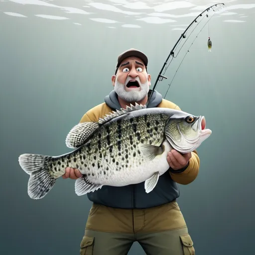 Prompt: animated,A giant crappie is reeling in a fisherman, minimalistic, funny