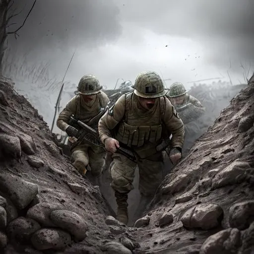 Prompt: Soldiers coming out of the trenches, Highly Detailed, Hyperrealistic, sharp focus, Professional, UHD, HDR, 8K, Render, electronic, dramatic, vivid, pressure, stress, nervous vibe, loud, tension, traumatic, dark, cataclysmic, violent, fighting, Epic

