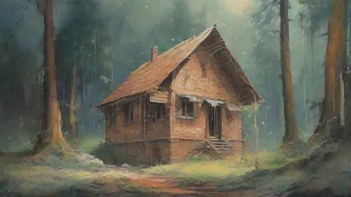 Prompt: a painting of a brick house in the forest, raining, by anato finnstark. front view, simple watercolor, thomas kinkade, post-apocalyptic, stained, saturated watercolor, high composition, by tithi luadthong, 240p, {disney construction}, art by frank frazetta