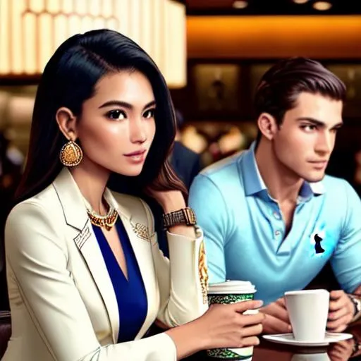 Prompt: clear facial features. Polo Ralph Lauren advertisement, collaboration with Gypsied. 
Apparel should be green, red and white, blazer, mild batik prints, business formal. Promotion set in Starbucks café, Orchard Road, wide angle shot. Stylish, professional, old money aesthetic. Business meeting with client. face tilted away from camera.