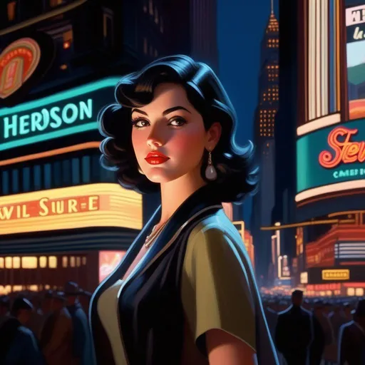 Prompt: Third person, gameplay, Italian-American girl, pale olive skin, black hair, brown eyes, 1930s, Times Square at night, neon, warm atmosphere, cartoony style, extremely detailed painting by Greg Rutkowski and by Henry Justice Ford and by Steve Henderson 

