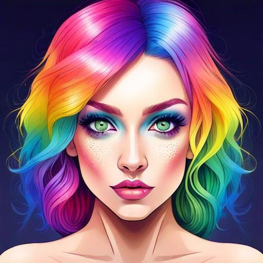 Girl with rainbow colored hair, bright eyes, beauti... | OpenArt
