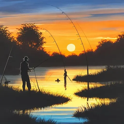Prompt: Fishing on a Lagoon on Dusk in Acrylic