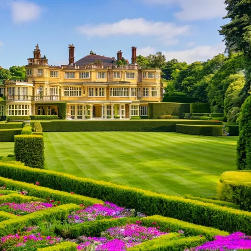 Prompt: an english mansion with a broad front and open windows, with a lawn, bright flowers and trees, golden sky