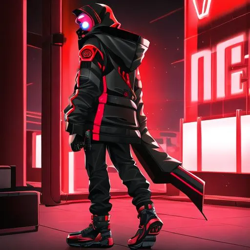 Prompt: Male character, black but red neon gas mask, cyber netrunner hood (black but neon red), neon red Sword In its Back, Red Mecha Cyber Jacket, black jeans, red shoes