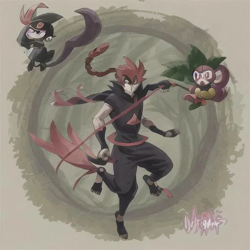 Prompt: A baboon ninja pokemon with wood kunai in the pokemon forests wearing a ninja suit drawn with no humans in the drawing by shigeru miyamoto