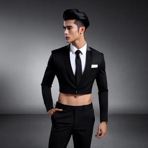 Prompt: crop top black long sleeve business suit with a black necktie, bare midriff, bare navel, black business suit pants, man, thinking, 21-years old, six pack abs, sore abs, handsome, extremely long-haired, thinking, with right hand on hips, plain colored background, photo, 2k, hdr, ((vibrant)), ((highly detailed)), ((masterpiece)), ((high quality)),