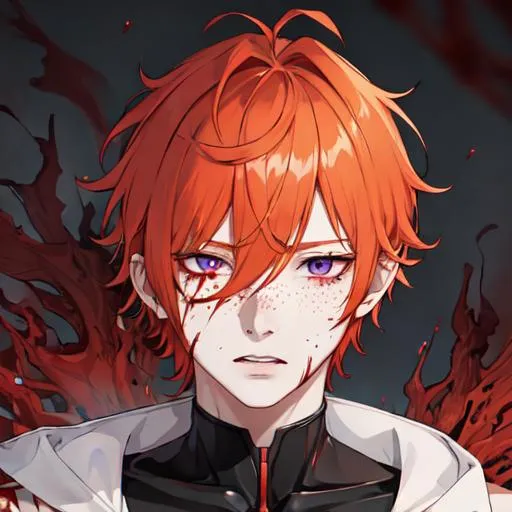 Prompt: Erikku male adult (short ginger hair, freckles, right eye blue left eye purple)  UHD, 8K, insane detail anime style, covered in blood, psychotic, covering his face with his hands, face covered in blood and cuts, blood highly detailed,