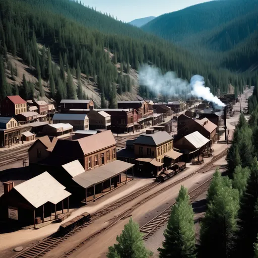 Prompt: A old west 1880s mountain mining town town center with a railroad running through it and thick forest surrounding the town