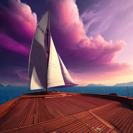 Prompt: Fantasy sail boat wooden deck. Purple clouds. Red sky. In the desert. Digital art. Concept art.