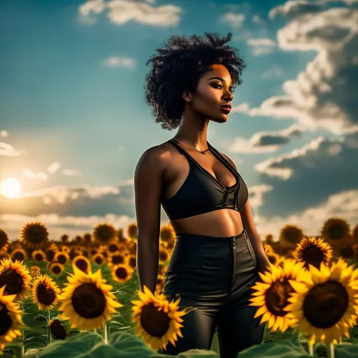 Prompt: Warm colors, 3D, HD, Epic, Gritty, Third-person, An attractive black woman ((robotic limbs)), Bald ((Hairless)), , a field of sunflowers,