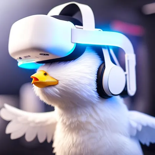 Prompt: A white chicken wearing a VR headset: Realistic, Perfect face, Cute, stunning landscape background illustration concept art anime key visual, color manga style, trending on pexels