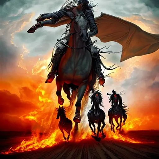 Prompt: The 4 horsemen of the apocalyps riding through the sky. Flames and tears. Photorealistic.