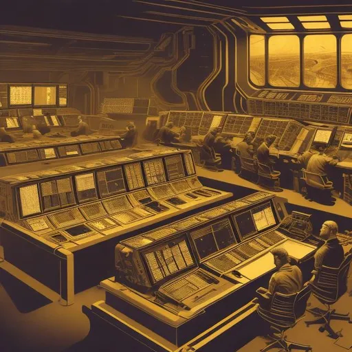 Prompt: a highly detailed lithograph of a busy NASA control room, soft warm color palette, chiaroscuro, cinematic, fine line detail, high contrast, dark shadows, hyperbolic geometry, golden ratio composition