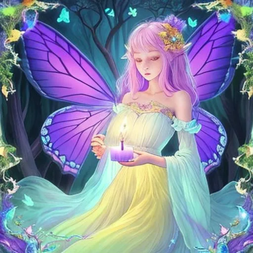 Prompt: mandelbront giant lymphnodes background| gorgeous fairy creature holding a healing candle| wearing a long flowing bright glowing white pink yellow blue purple dress| as a {enchanted forest spirit}| healer butterflies on shoulder  