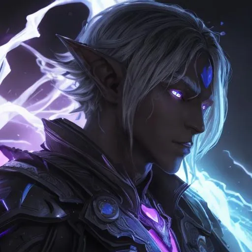 Prompt: an accumulation of shadows and black smoke in the shape of a male-drow-elf with black skin, short white hair, glowing purple eyes, an emotionless face and nanotech armor. He is floating above shattered rock. His power manifests as liquid purple and cyan flames that hover around him. The shadows around him shift and change. behance hd