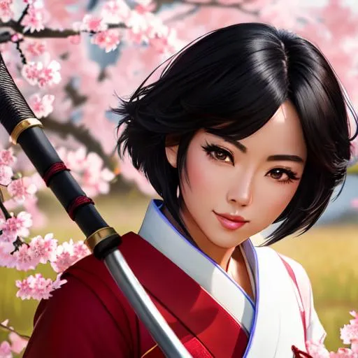 Prompt: mix of Lucy Lui and Chloe Bennet, messy short black hair, fit body,  wearing Mulan outfit, full body, samurai sword on her back, asian vibe, UHD, 8K, highly detail, rice field, masterpiece. portrait, smirk face, sakura leaving falling down