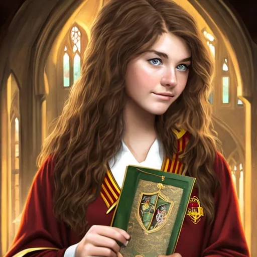 brown-haired, green-eyed woman as a Gryffindor stude... | OpenArt